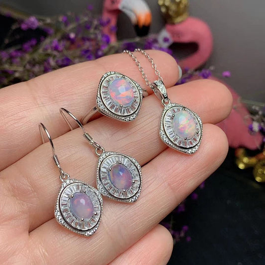 Natural Opal Set 925 Silver Plating Colorful Gemstone Necklace Ring Stud Earrings