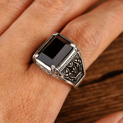 925 Black Agate Boss Men's Ring