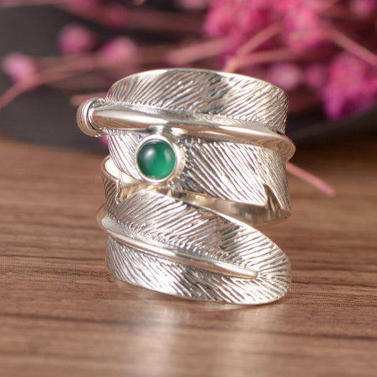 S925 Inlaid Green Agate Feather Ring