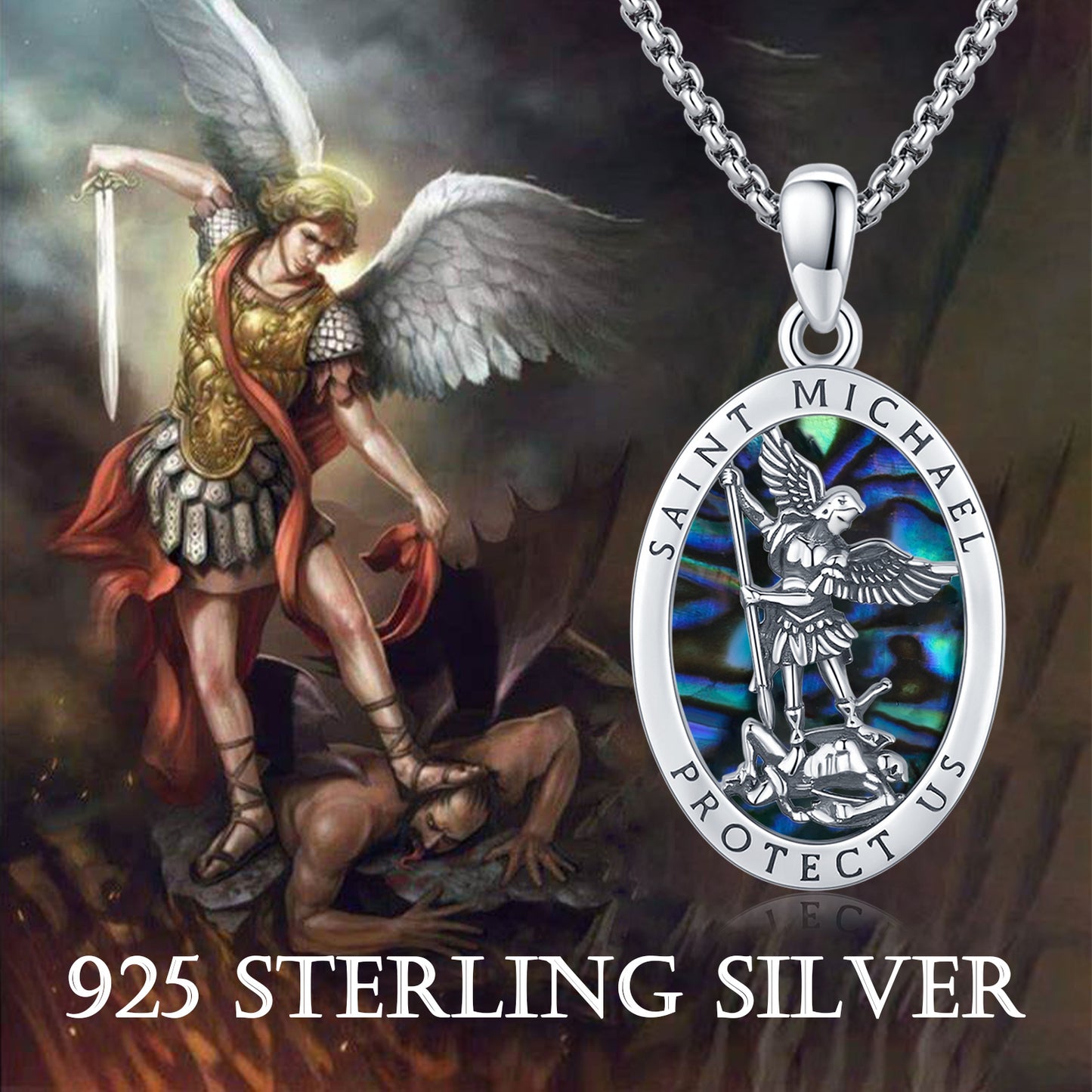 925 Sterling Silver Saint Michael Abalone Shell Necklace