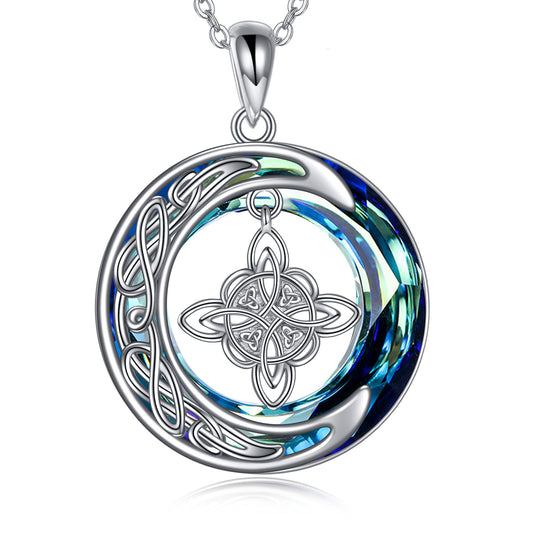 Celtic Moon Witch Knot 925 Sterling Silver Witch Good Luck Crystal Necklace