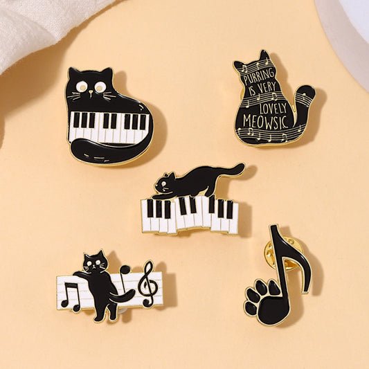 Cute Black Cat Piano Notes Alloy Brooch