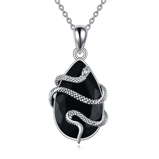 Sterling Silver Black Obsidian Tourmaline Snake Necklace