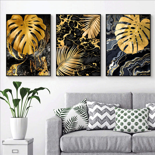 Black Gold Marble Tropical Plants Poster Canvas Painting