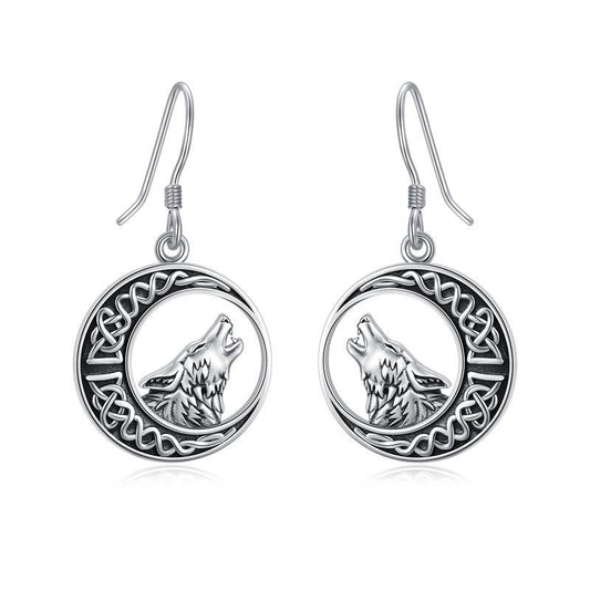 Wolf Celtic Moon Dangle Earrings 925 Sterling Silver