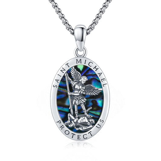 925 Sterling Silver Saint Michael Abalone Shell Necklace